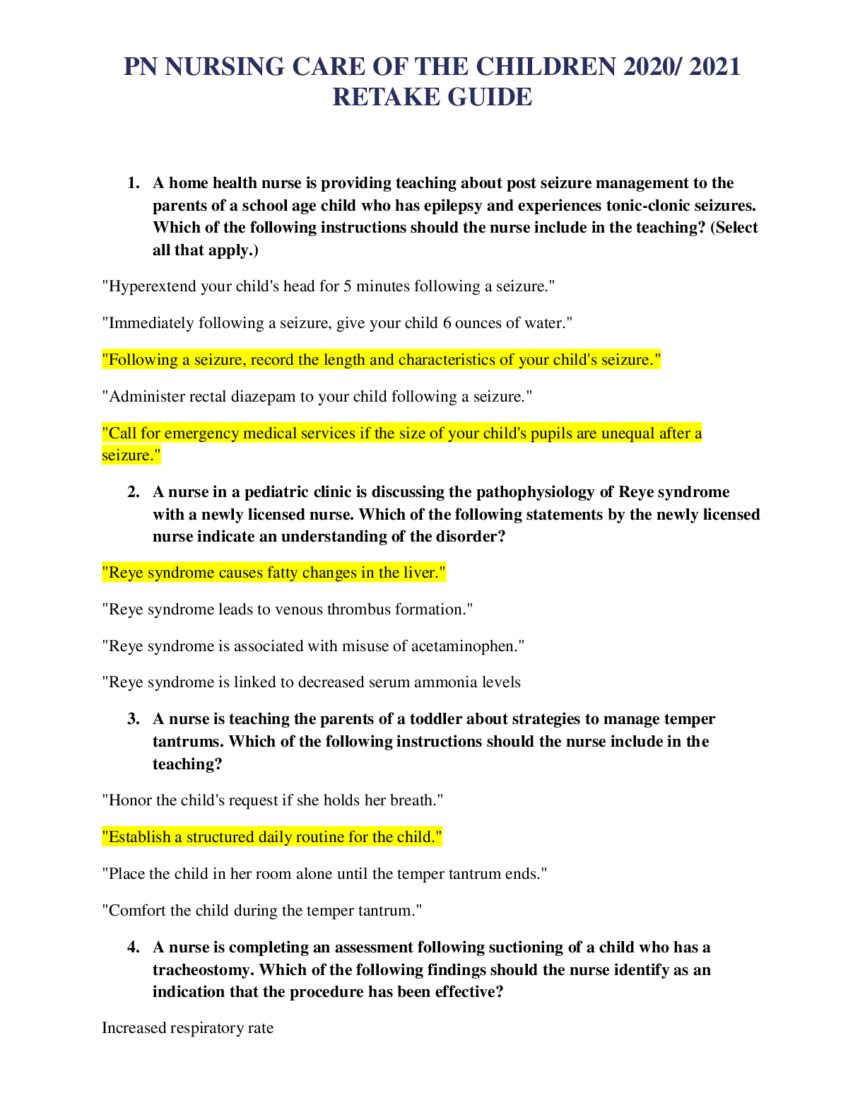 Preview image for PN NURSING CARE OF THE CHILDREN 2020/ 2021 RETAKE GUIDE